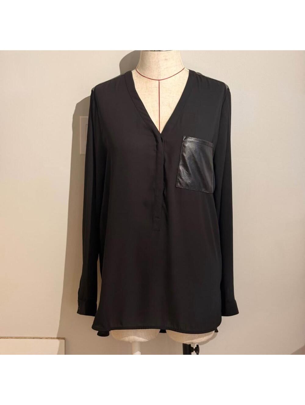 Calvin Klein Black 3/4 Button Down Pullover Blouse Faux Leather detail Women's M